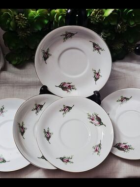5 - White Saucer Set with Pink Floral Shabby Chic Motif and Gold Trim
